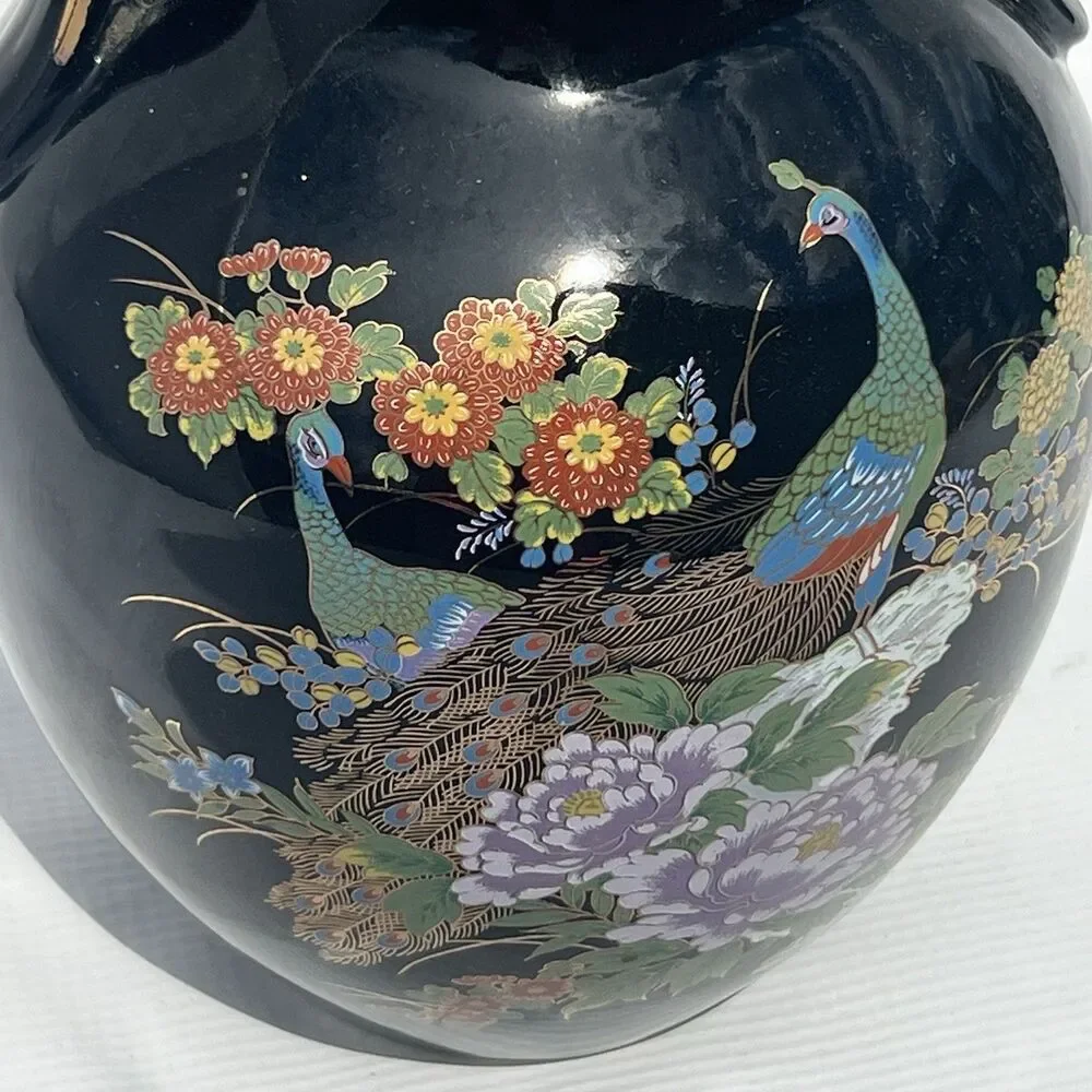 Japanese Double Handled Black Vase/Urn w/ Peacock/Cherry Blossoms 10.5